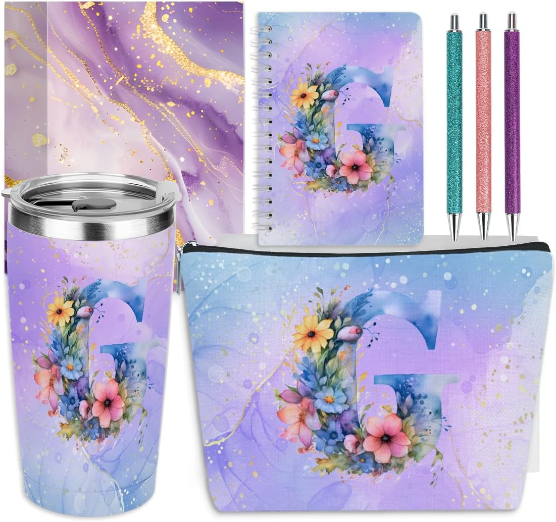 Personalized Gifts Monogrammed Birthday Gifts for Women, Cowerker Wife Sister Wedding Christmas Initial 20 oz Tumbler, Makeup Bag Cup Ballpoint Pens Journal Notebook 6 Set, (Aesthetic Green Flower C)