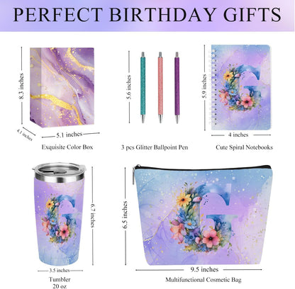 Personalized Gifts Monogrammed Birthday Gifts for Women, Cowerker Wife Sister Wedding Christmas Initial 20 oz Tumbler, Makeup Bag Cup Ballpoint Pens Journal Notebook 6 Set, (Aesthetic Green Flower C)