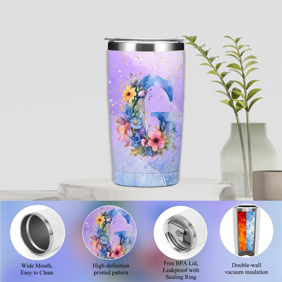 Personalized Gifts Monogrammed Birthday Gifts for Women, Cowerker Wife Sister Wedding Christmas Initial 20 oz Tumbler, Makeup Bag Cup Ballpoint Pens Journal Notebook 6 Set, (Aesthetic Green Flower C)