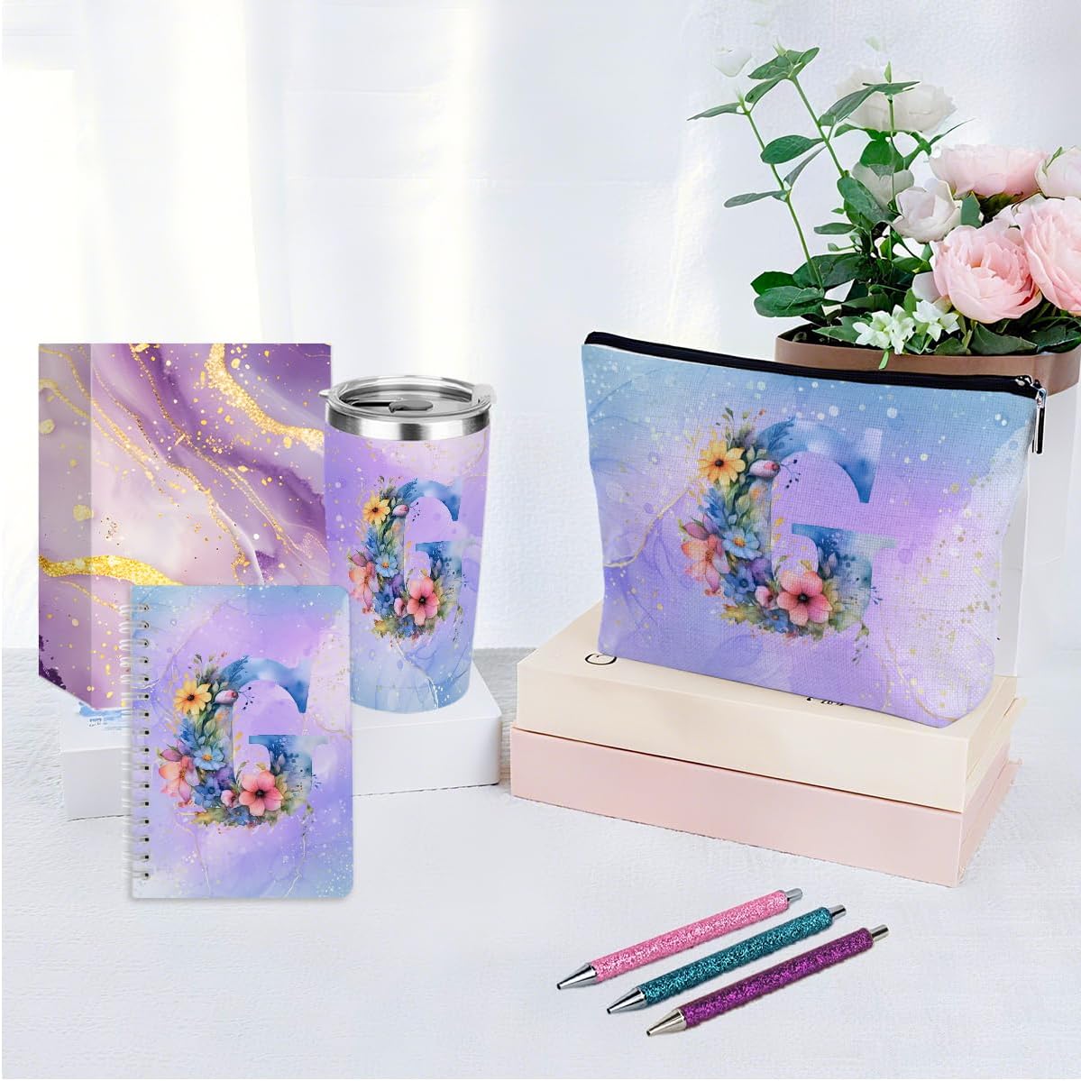 Personalized Gifts Monogrammed Birthday Gifts for Women, Cowerker Wife Sister Wedding Christmas Initial 20 oz Tumbler, Makeup Bag Cup Ballpoint Pens Journal Notebook 6 Set, (Aesthetic Green Flower C)