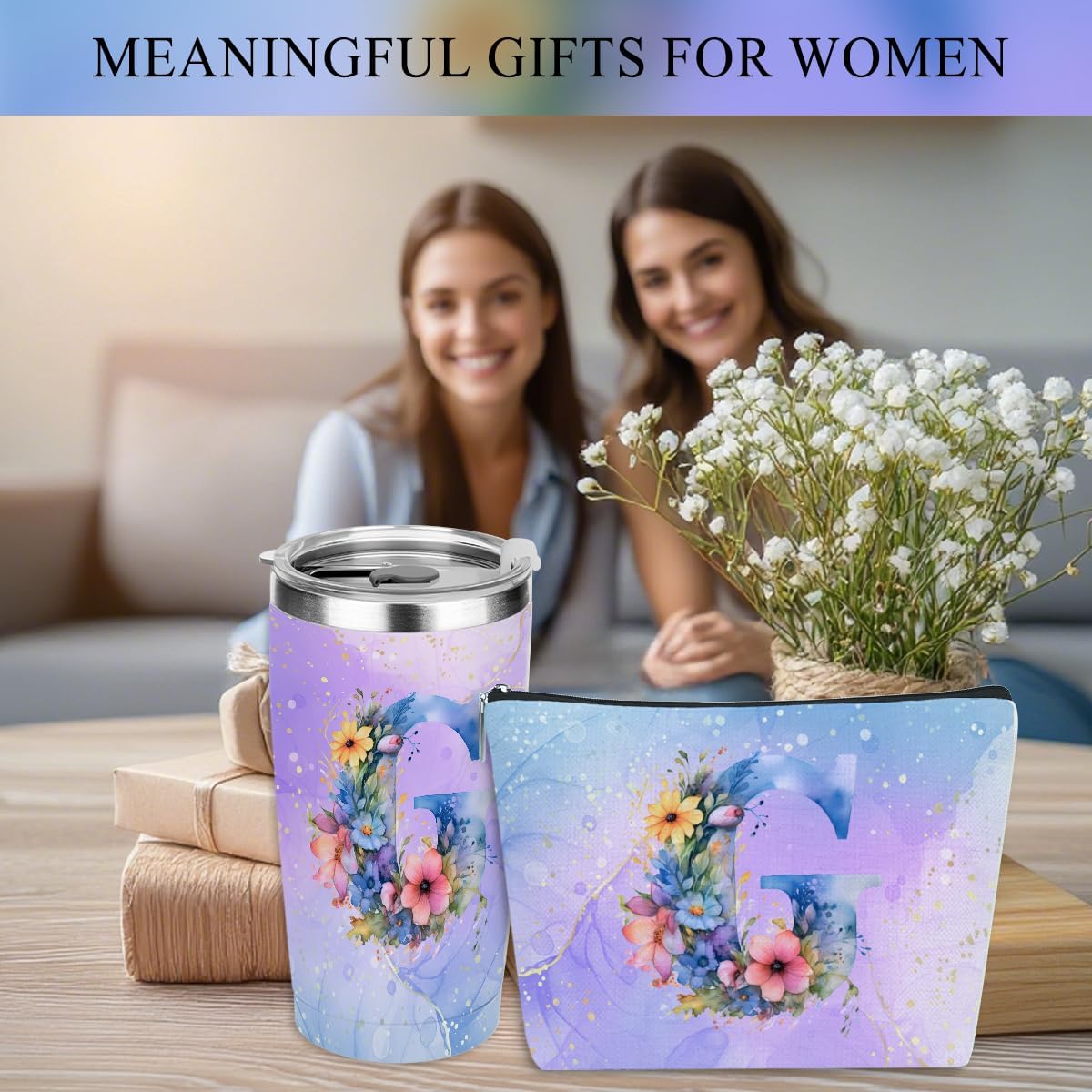 Personalized Gifts Monogrammed Birthday Gifts for Women, Cowerker Wife Sister Wedding Christmas Initial 20 oz Tumbler, Makeup Bag Cup Ballpoint Pens Journal Notebook 6 Set, (Aesthetic Green Flower C)