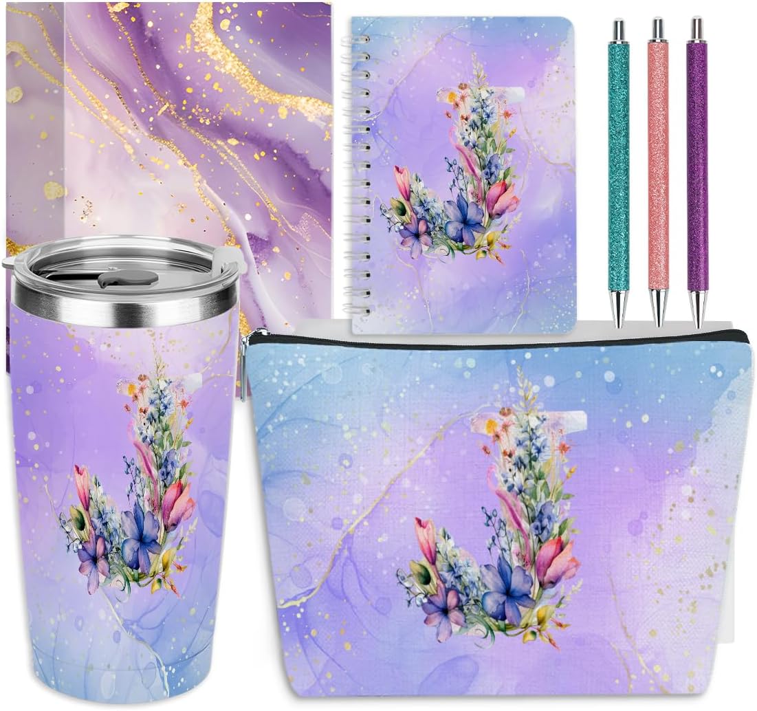 Personalized Gifts Monogrammed Birthday Gifts for Women, Cowerker Wife Sister Wedding Christmas Initial 20 oz Tumbler, Makeup Bag Cup Ballpoint Pens Journal Notebook 6 Set, (Aesthetic Green Flower C)