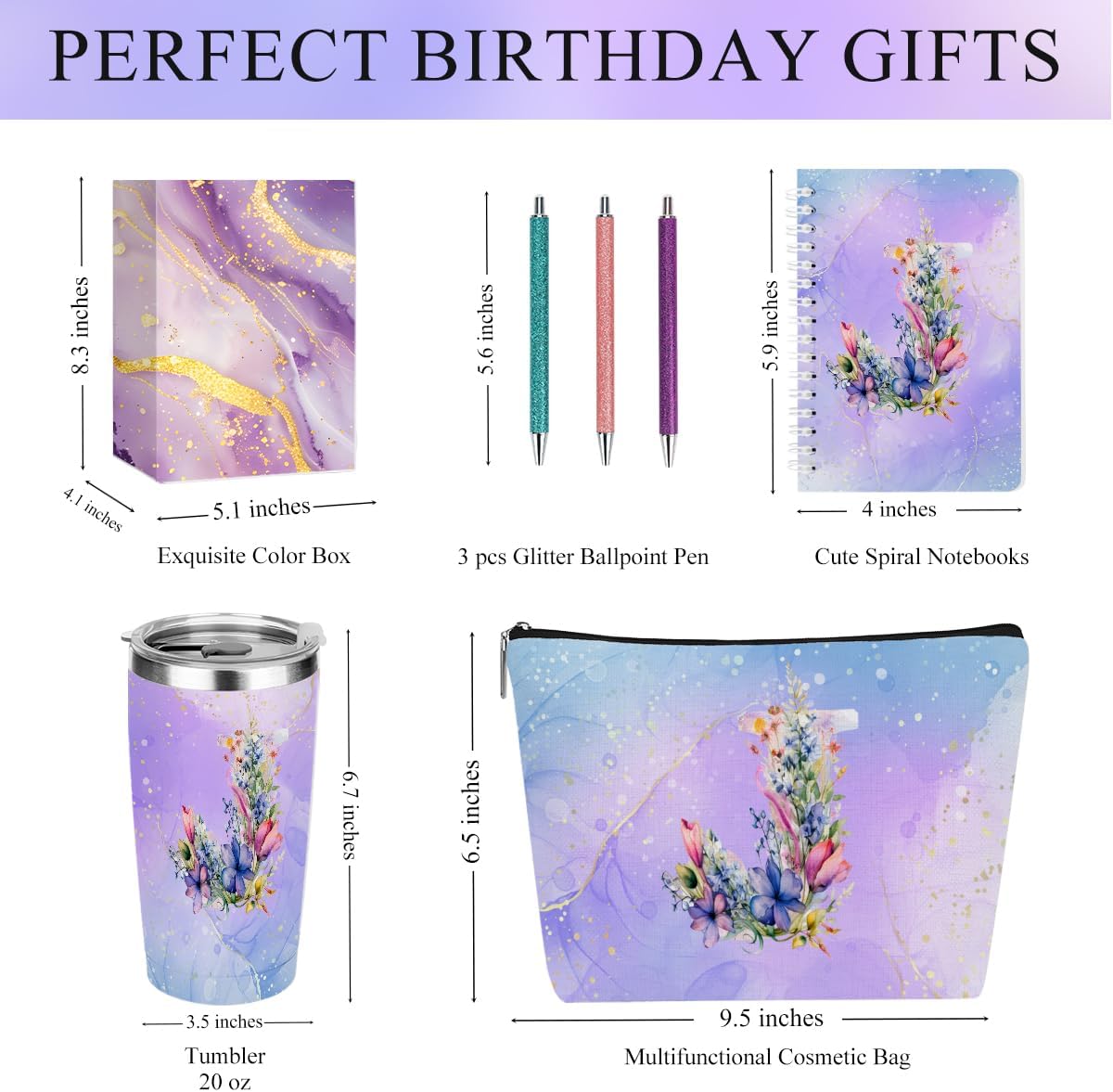 Personalized Gifts Monogrammed Birthday Gifts for Women, Cowerker Wife Sister Wedding Christmas Initial 20 oz Tumbler, Makeup Bag Cup Ballpoint Pens Journal Notebook 6 Set, (Aesthetic Green Flower C)