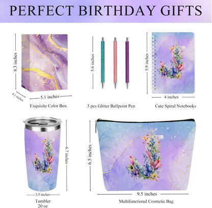 Personalized Gifts Monogrammed Birthday Gifts for Women, Cowerker Wife Sister Wedding Christmas Initial 20 oz Tumbler, Makeup Bag Cup Ballpoint Pens Journal Notebook 6 Set, (Aesthetic Green Flower C)