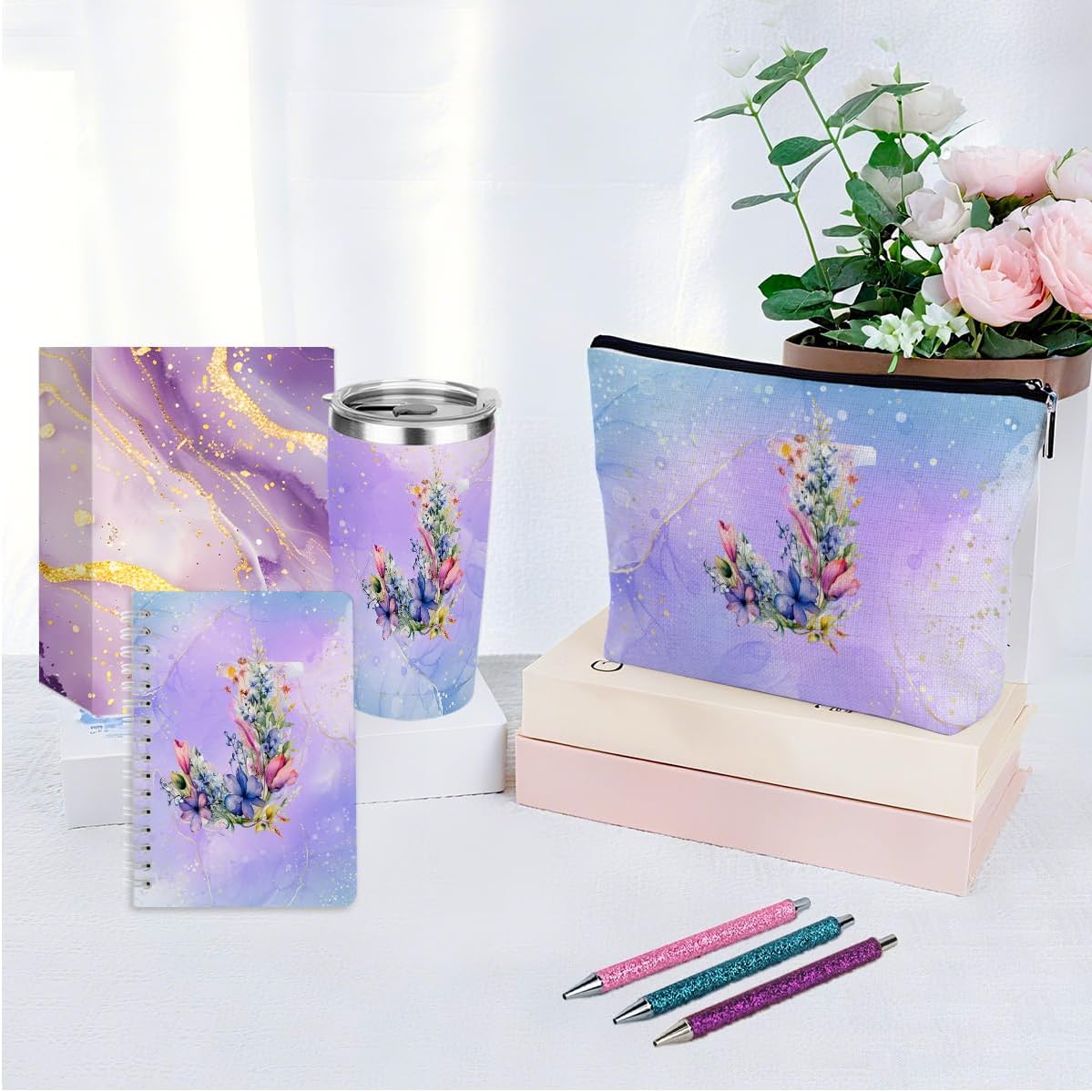 Personalized Gifts Monogrammed Birthday Gifts for Women, Cowerker Wife Sister Wedding Christmas Initial 20 oz Tumbler, Makeup Bag Cup Ballpoint Pens Journal Notebook 6 Set, (Aesthetic Green Flower C)