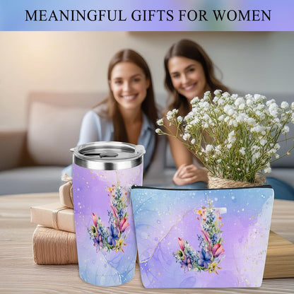 Personalized Gifts Monogrammed Birthday Gifts for Women, Cowerker Wife Sister Wedding Christmas Initial 20 oz Tumbler, Makeup Bag Cup Ballpoint Pens Journal Notebook 6 Set, (Aesthetic Green Flower C)