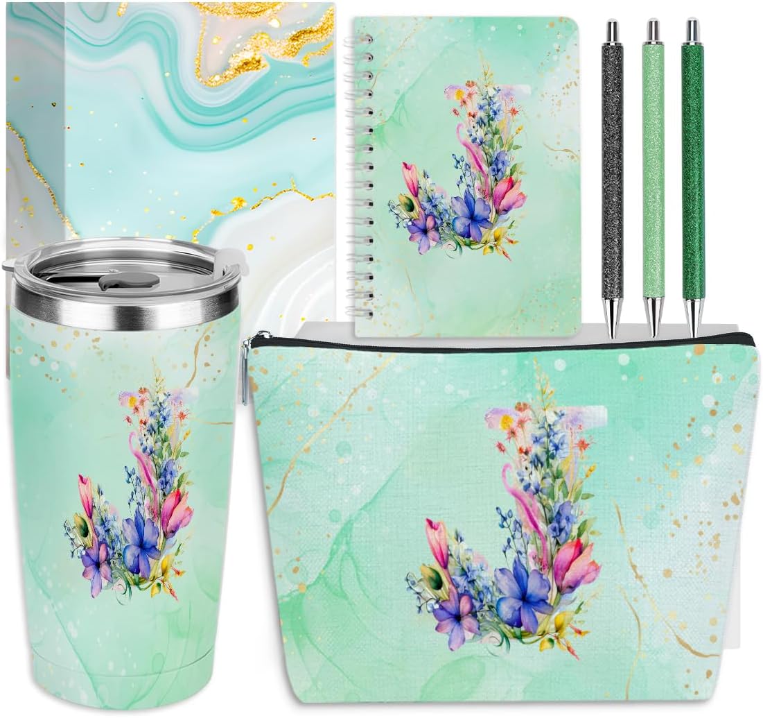 Personalized Gifts Monogrammed Birthday Gifts for Women, Cowerker Wife Sister Wedding Christmas Initial 20 oz Tumbler, Makeup Bag Cup Ballpoint Pens Journal Notebook 6 Set, (Aesthetic Green Flower C)