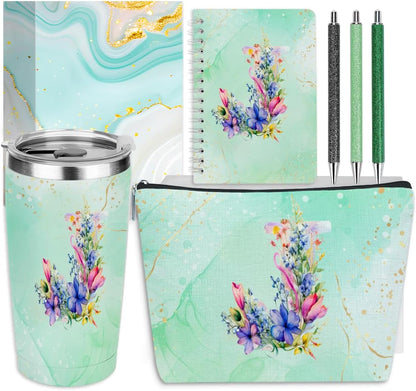 Personalized Gifts Monogrammed Birthday Gifts for Women, Cowerker Wife Sister Wedding Christmas Initial 20 oz Tumbler, Makeup Bag Cup Ballpoint Pens Journal Notebook 6 Set, (Aesthetic Green Flower C)