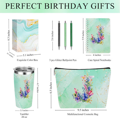 Personalized Gifts Monogrammed Birthday Gifts for Women, Cowerker Wife Sister Wedding Christmas Initial 20 oz Tumbler, Makeup Bag Cup Ballpoint Pens Journal Notebook 6 Set, (Aesthetic Green Flower C)