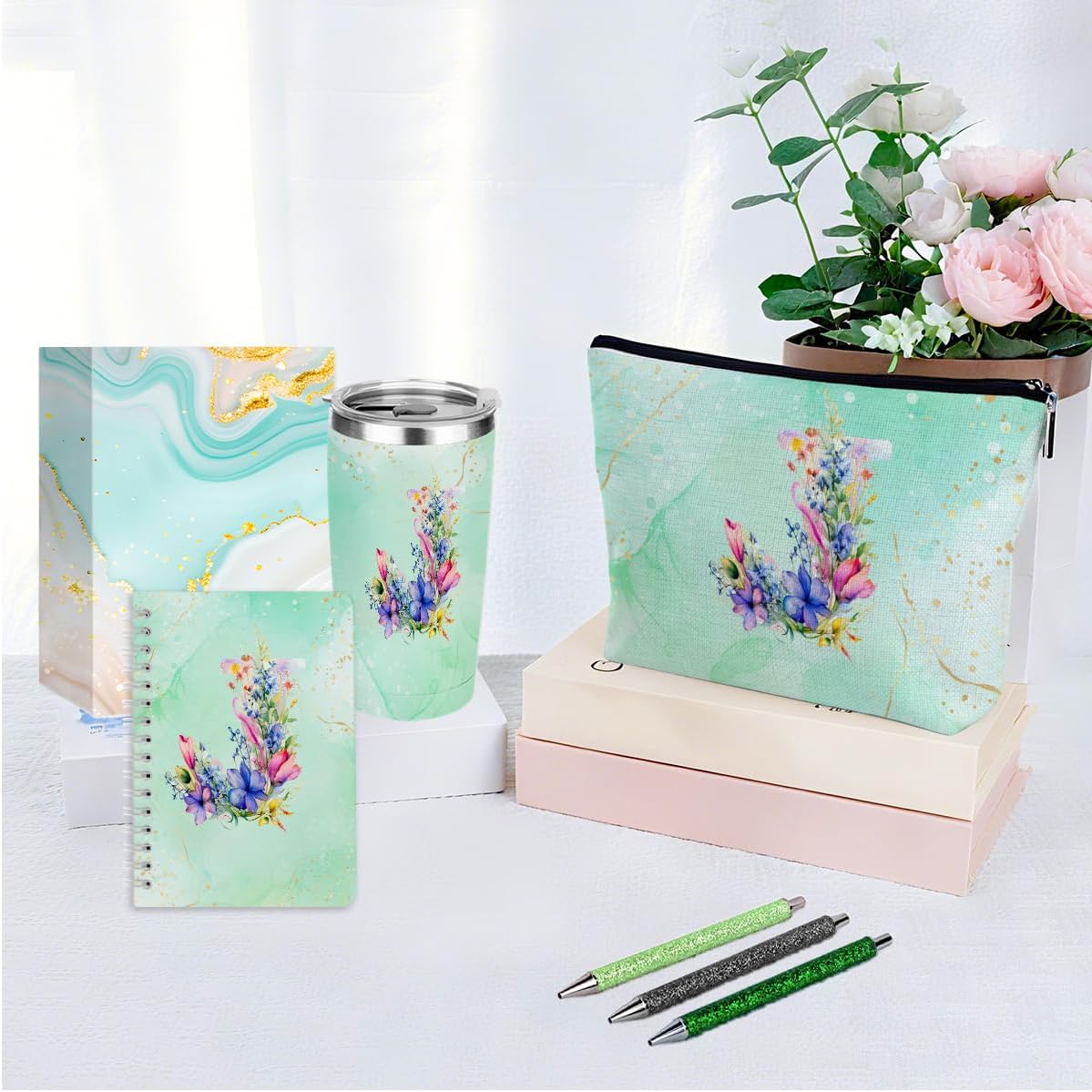 Personalized Gifts Monogrammed Birthday Gifts for Women, Cowerker Wife Sister Wedding Christmas Initial 20 oz Tumbler, Makeup Bag Cup Ballpoint Pens Journal Notebook 6 Set, (Aesthetic Green Flower C)