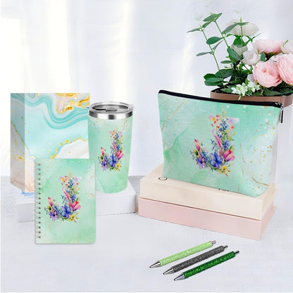 Personalized Gifts Monogrammed Birthday Gifts for Women, Cowerker Wife Sister Wedding Christmas Initial 20 oz Tumbler, Makeup Bag Cup Ballpoint Pens Journal Notebook 6 Set, (Aesthetic Green Flower C)