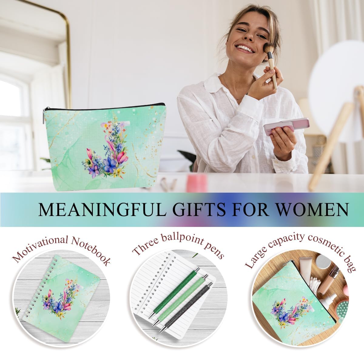 Personalized Gifts Monogrammed Birthday Gifts for Women, Cowerker Wife Sister Wedding Christmas Initial 20 oz Tumbler, Makeup Bag Cup Ballpoint Pens Journal Notebook 6 Set, (Aesthetic Green Flower C)
