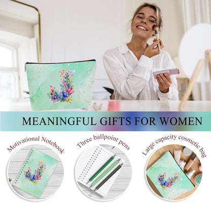 Personalized Gifts Monogrammed Birthday Gifts for Women, Cowerker Wife Sister Wedding Christmas Initial 20 oz Tumbler, Makeup Bag Cup Ballpoint Pens Journal Notebook 6 Set, (Aesthetic Green Flower C)