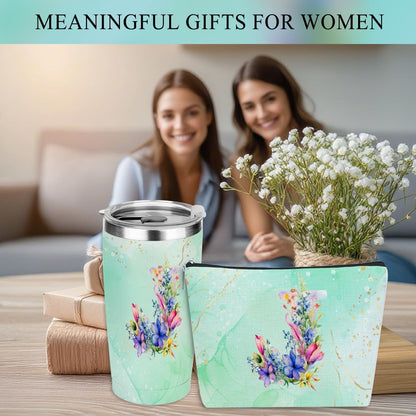 Personalized Gifts Monogrammed Birthday Gifts for Women, Cowerker Wife Sister Wedding Christmas Initial 20 oz Tumbler, Makeup Bag Cup Ballpoint Pens Journal Notebook 6 Set, (Aesthetic Green Flower C)