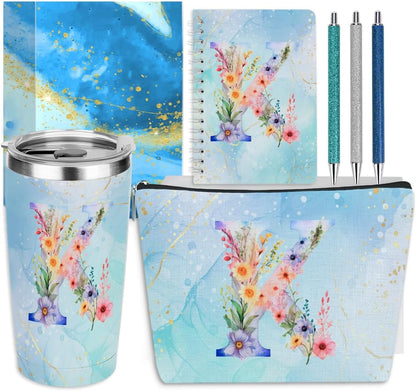 Personalized Gifts Monogrammed Birthday Gifts for Women, Cowerker Wife Sister Wedding Christmas Initial 20 oz Tumbler, Makeup Bag Cup Ballpoint Pens Journal Notebook 6 Set, (Aesthetic Green Flower C)