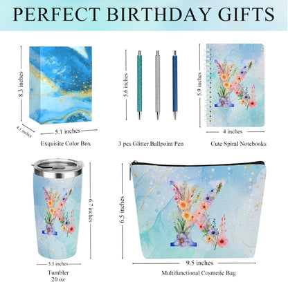 Personalized Gifts Monogrammed Birthday Gifts for Women, Cowerker Wife Sister Wedding Christmas Initial 20 oz Tumbler, Makeup Bag Cup Ballpoint Pens Journal Notebook 6 Set, (Aesthetic Green Flower C)