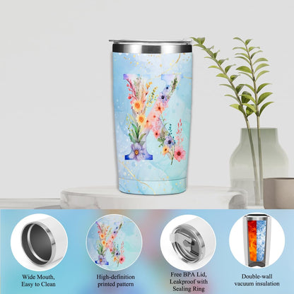 Personalized Gifts Monogrammed Birthday Gifts for Women, Cowerker Wife Sister Wedding Christmas Initial 20 oz Tumbler, Makeup Bag Cup Ballpoint Pens Journal Notebook 6 Set, (Aesthetic Green Flower C)