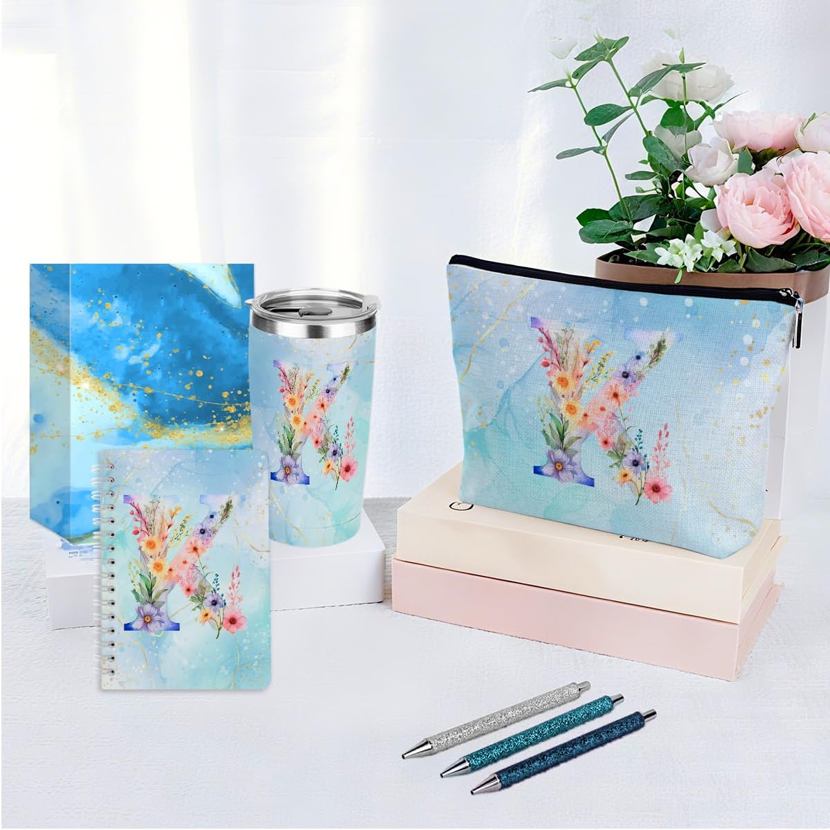 Personalized Gifts Monogrammed Birthday Gifts for Women, Cowerker Wife Sister Wedding Christmas Initial 20 oz Tumbler, Makeup Bag Cup Ballpoint Pens Journal Notebook 6 Set, (Aesthetic Green Flower C)