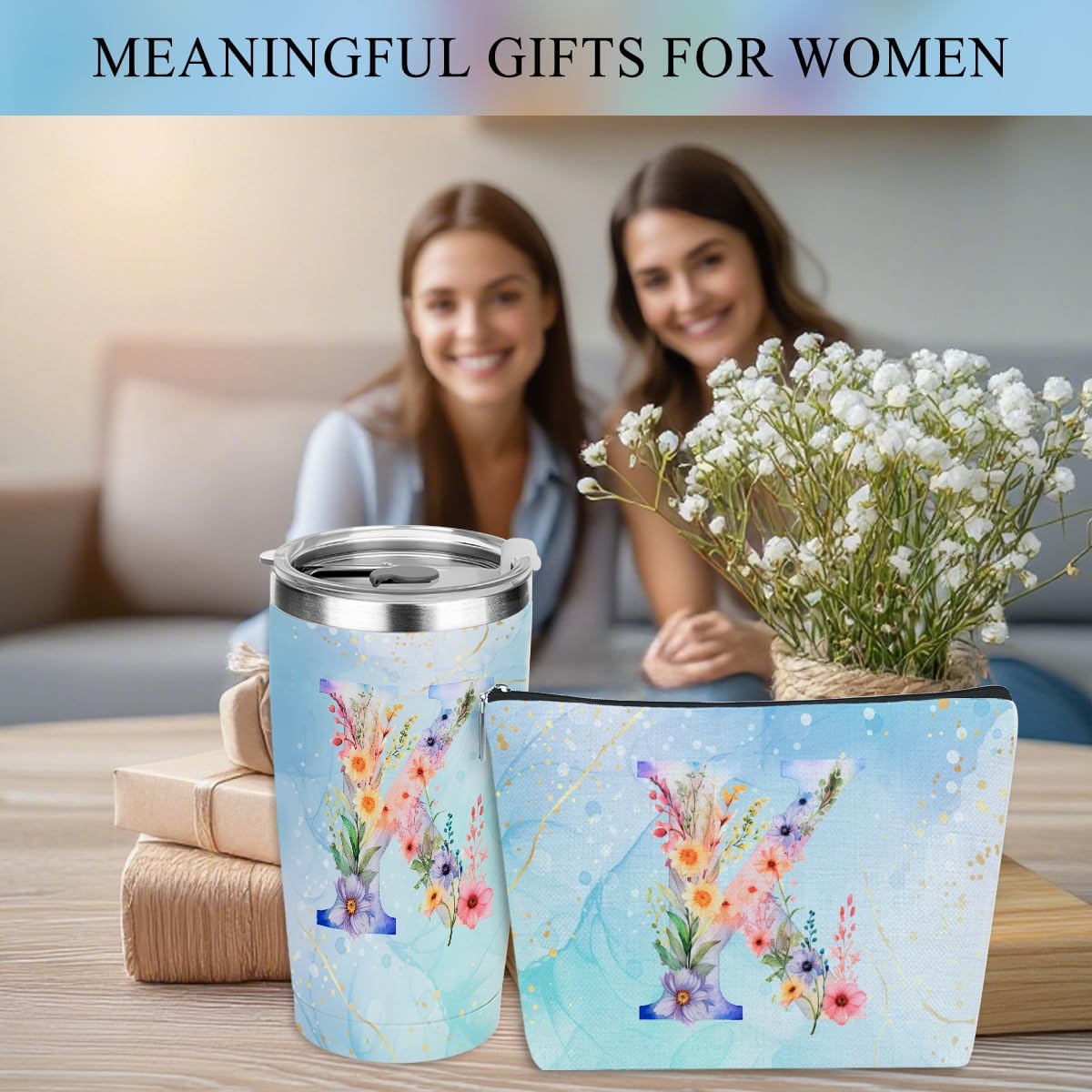 Personalized Gifts Monogrammed Birthday Gifts for Women, Cowerker Wife Sister Wedding Christmas Initial 20 oz Tumbler, Makeup Bag Cup Ballpoint Pens Journal Notebook 6 Set, (Aesthetic Green Flower C)