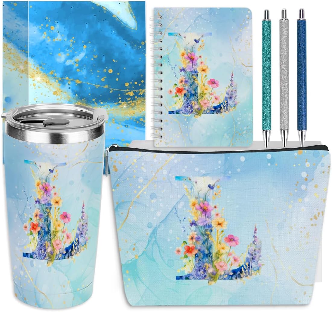 Personalized Gifts Monogrammed Birthday Gifts for Women, Cowerker Wife Sister Wedding Christmas Initial 20 oz Tumbler, Makeup Bag Cup Ballpoint Pens Journal Notebook 6 Set, (Aesthetic Green Flower C)
