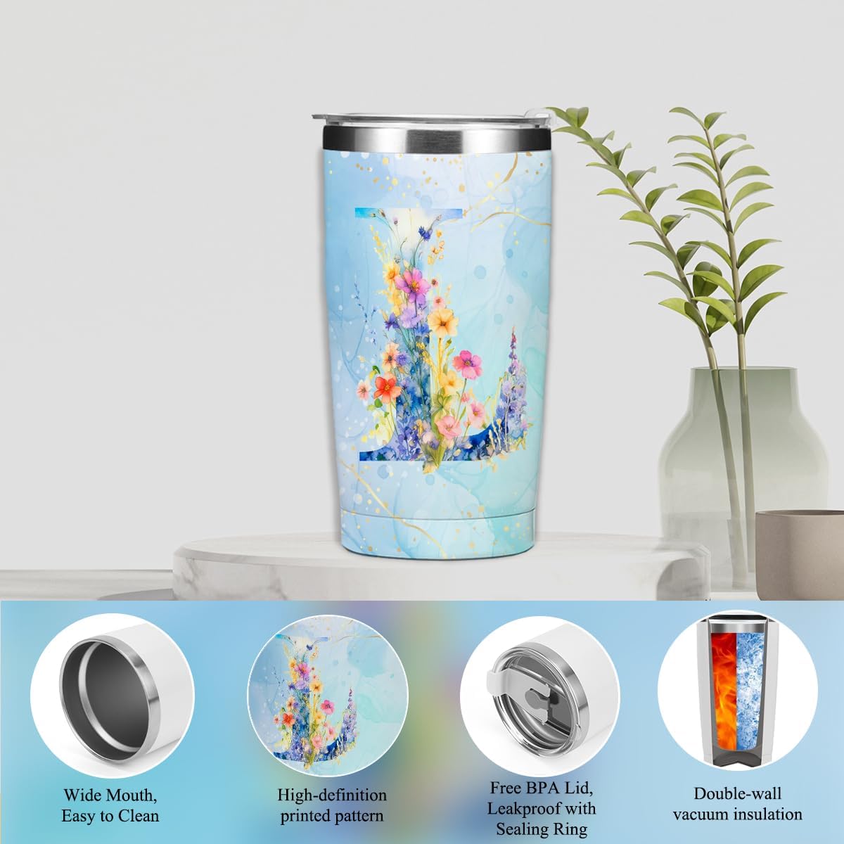 Personalized Gifts Monogrammed Birthday Gifts for Women, Cowerker Wife Sister Wedding Christmas Initial 20 oz Tumbler, Makeup Bag Cup Ballpoint Pens Journal Notebook 6 Set, (Aesthetic Green Flower C)