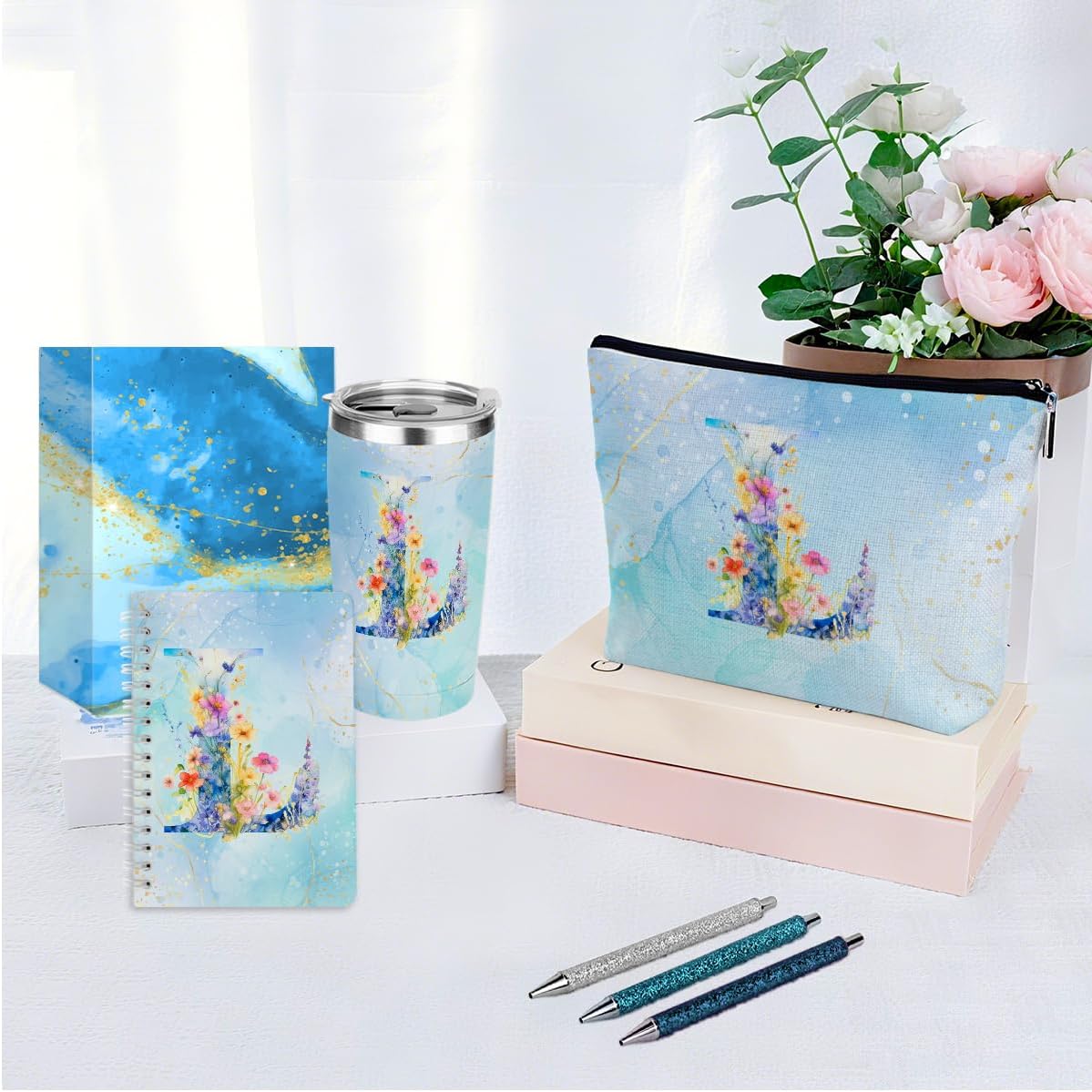 Personalized Gifts Monogrammed Birthday Gifts for Women, Cowerker Wife Sister Wedding Christmas Initial 20 oz Tumbler, Makeup Bag Cup Ballpoint Pens Journal Notebook 6 Set, (Aesthetic Green Flower C)