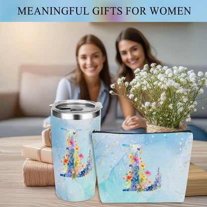 Personalized Gifts Monogrammed Birthday Gifts for Women, Cowerker Wife Sister Wedding Christmas Initial 20 oz Tumbler, Makeup Bag Cup Ballpoint Pens Journal Notebook 6 Set, (Aesthetic Green Flower C)