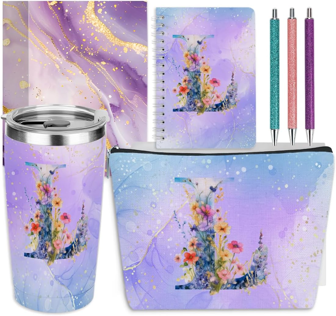 Personalized Gifts Monogrammed Birthday Gifts for Women, Cowerker Wife Sister Wedding Christmas Initial 20 oz Tumbler, Makeup Bag Cup Ballpoint Pens Journal Notebook 6 Set, (Aesthetic Green Flower C)