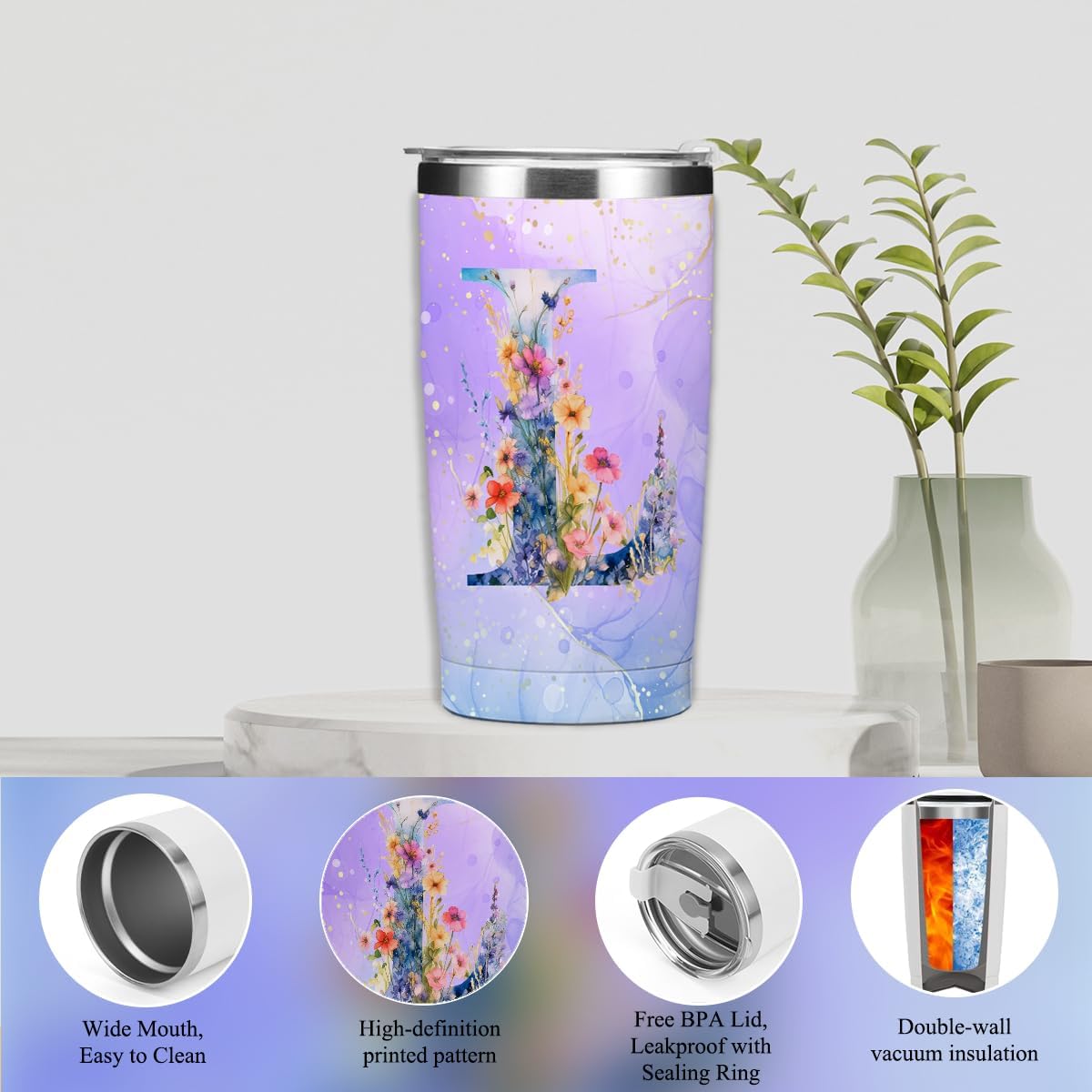 Personalized Gifts Monogrammed Birthday Gifts for Women, Cowerker Wife Sister Wedding Christmas Initial 20 oz Tumbler, Makeup Bag Cup Ballpoint Pens Journal Notebook 6 Set, (Aesthetic Green Flower C)