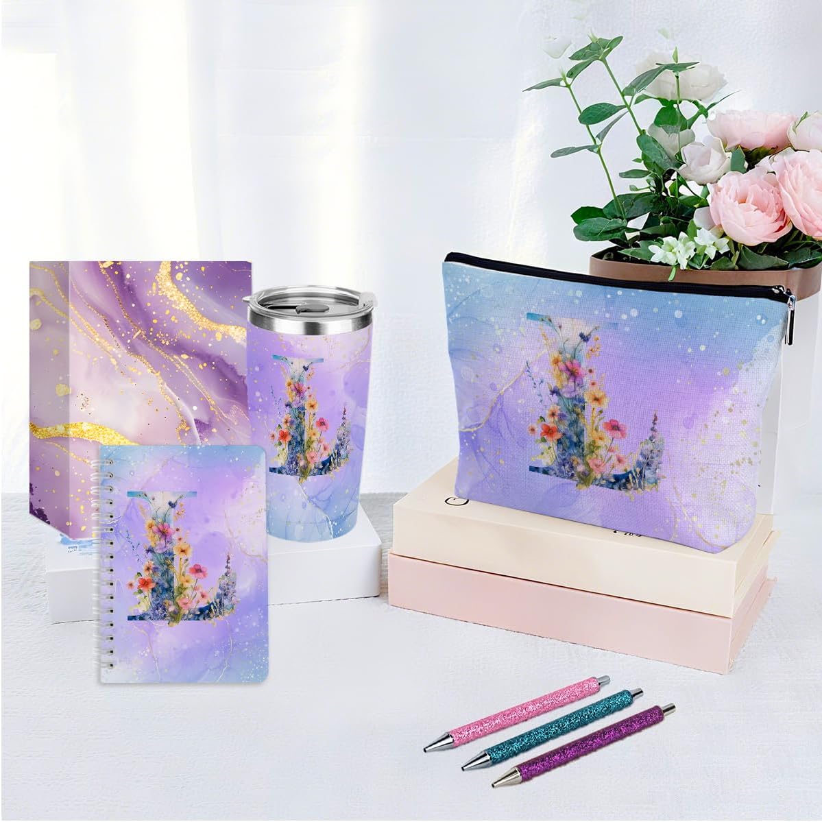 Personalized Gifts Monogrammed Birthday Gifts for Women, Cowerker Wife Sister Wedding Christmas Initial 20 oz Tumbler, Makeup Bag Cup Ballpoint Pens Journal Notebook 6 Set, (Aesthetic Green Flower C)