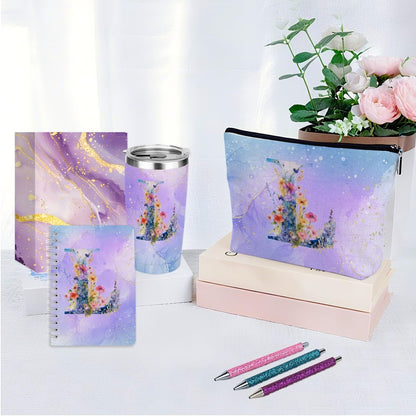 Personalized Gifts Monogrammed Birthday Gifts for Women, Cowerker Wife Sister Wedding Christmas Initial 20 oz Tumbler, Makeup Bag Cup Ballpoint Pens Journal Notebook 6 Set, (Aesthetic Green Flower C)