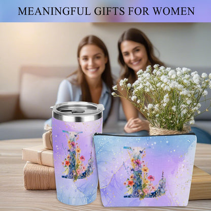 Personalized Gifts Monogrammed Birthday Gifts for Women, Cowerker Wife Sister Wedding Christmas Initial 20 oz Tumbler, Makeup Bag Cup Ballpoint Pens Journal Notebook 6 Set, (Aesthetic Green Flower C)