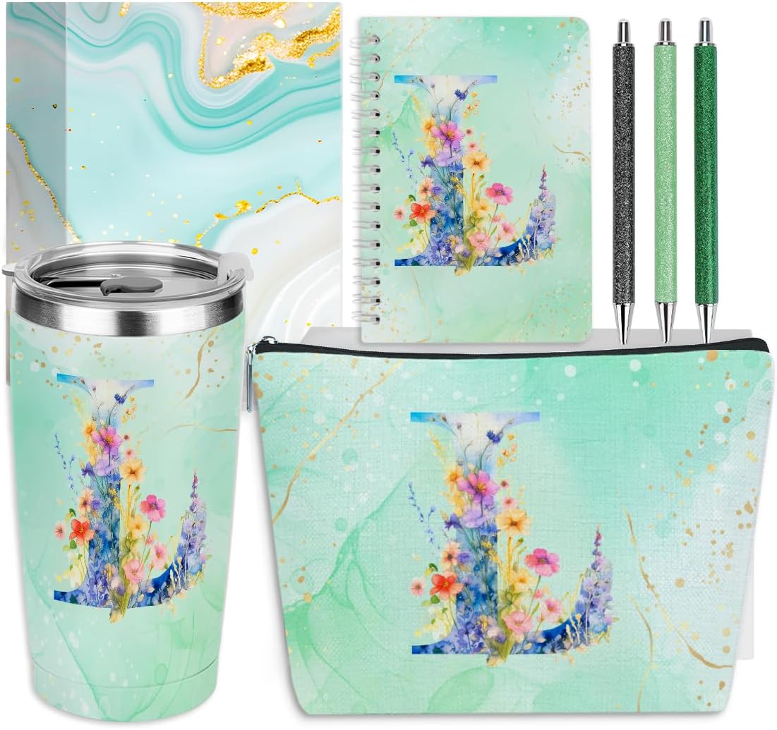 Personalized Gifts Monogrammed Birthday Gifts for Women, Cowerker Wife Sister Wedding Christmas Initial 20 oz Tumbler, Makeup Bag Cup Ballpoint Pens Journal Notebook 6 Set, (Aesthetic Green Flower C)