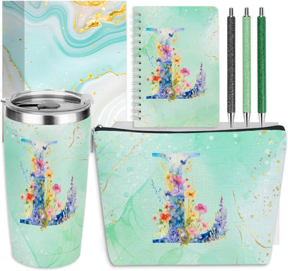 Personalized Gifts Monogrammed Birthday Gifts for Women, Cowerker Wife Sister Wedding Christmas Initial 20 oz Tumbler, Makeup Bag Cup Ballpoint Pens Journal Notebook 6 Set, (Aesthetic Green Flower C)