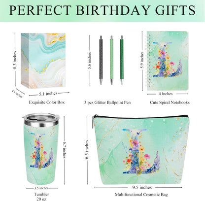 Personalized Gifts Monogrammed Birthday Gifts for Women, Cowerker Wife Sister Wedding Christmas Initial 20 oz Tumbler, Makeup Bag Cup Ballpoint Pens Journal Notebook 6 Set, (Aesthetic Green Flower C)