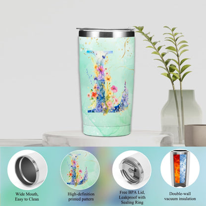 Personalized Gifts Monogrammed Birthday Gifts for Women, Cowerker Wife Sister Wedding Christmas Initial 20 oz Tumbler, Makeup Bag Cup Ballpoint Pens Journal Notebook 6 Set, (Aesthetic Green Flower C)