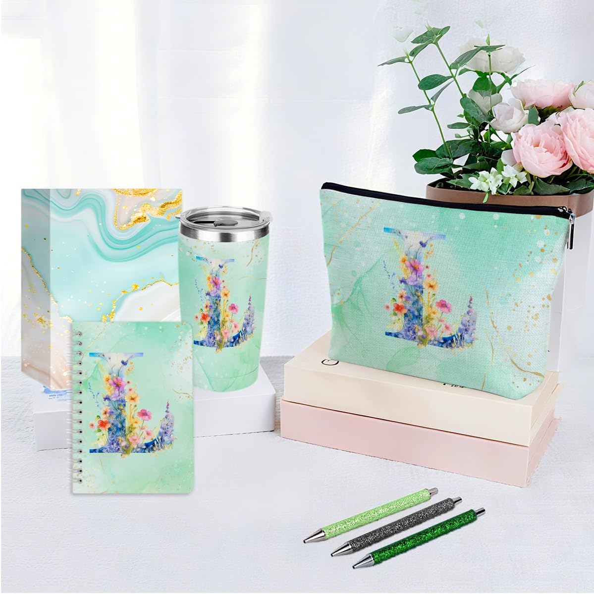 Personalized Gifts Monogrammed Birthday Gifts for Women, Cowerker Wife Sister Wedding Christmas Initial 20 oz Tumbler, Makeup Bag Cup Ballpoint Pens Journal Notebook 6 Set, (Aesthetic Green Flower C)
