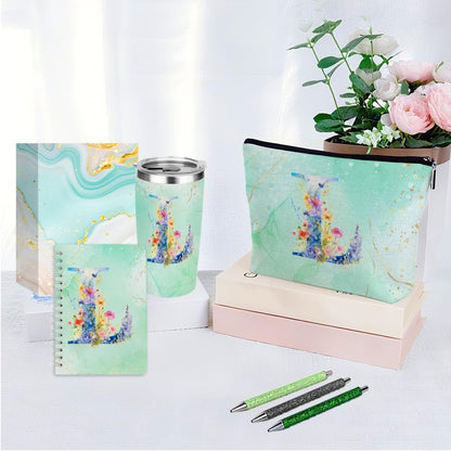 Personalized Gifts Monogrammed Birthday Gifts for Women, Cowerker Wife Sister Wedding Christmas Initial 20 oz Tumbler, Makeup Bag Cup Ballpoint Pens Journal Notebook 6 Set, (Aesthetic Green Flower C)