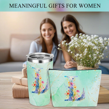 Personalized Gifts Monogrammed Birthday Gifts for Women, Cowerker Wife Sister Wedding Christmas Initial 20 oz Tumbler, Makeup Bag Cup Ballpoint Pens Journal Notebook 6 Set, (Aesthetic Green Flower C)