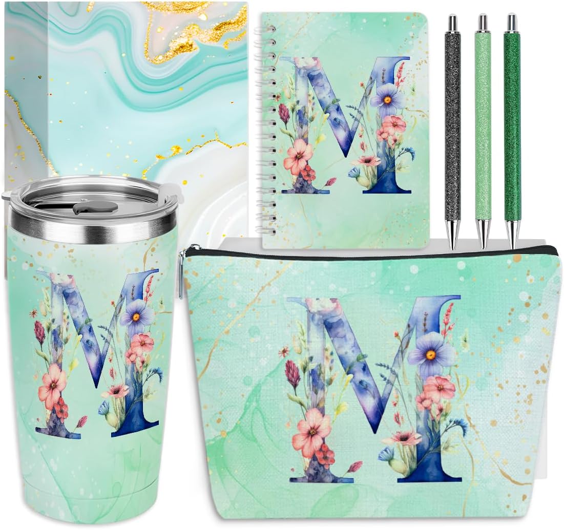 Personalized Gifts Monogrammed Birthday Gifts for Women, Cowerker Wife Sister Wedding Christmas Initial 20 oz Tumbler, Makeup Bag Cup Ballpoint Pens Journal Notebook 6 Set, (Aesthetic Green Flower C)