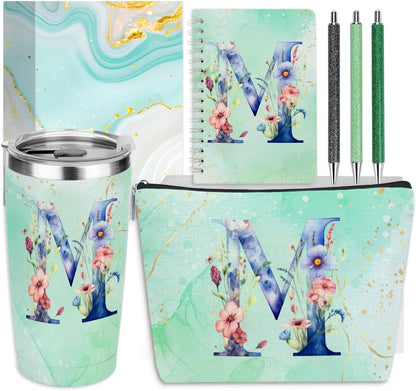 Personalized Gifts Monogrammed Birthday Gifts for Women, Cowerker Wife Sister Wedding Christmas Initial 20 oz Tumbler, Makeup Bag Cup Ballpoint Pens Journal Notebook 6 Set, (Aesthetic Green Flower C)