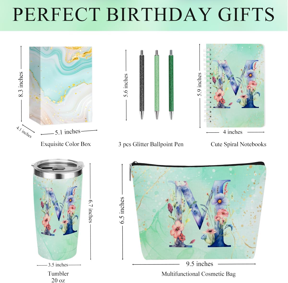 Personalized Gifts Monogrammed Birthday Gifts for Women, Cowerker Wife Sister Wedding Christmas Initial 20 oz Tumbler, Makeup Bag Cup Ballpoint Pens Journal Notebook 6 Set, (Aesthetic Green Flower C)