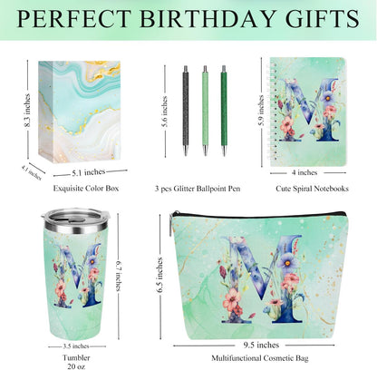 Personalized Gifts Monogrammed Birthday Gifts for Women, Cowerker Wife Sister Wedding Christmas Initial 20 oz Tumbler, Makeup Bag Cup Ballpoint Pens Journal Notebook 6 Set, (Aesthetic Green Flower C)