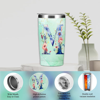 Personalized Gifts Monogrammed Birthday Gifts for Women, Cowerker Wife Sister Wedding Christmas Initial 20 oz Tumbler, Makeup Bag Cup Ballpoint Pens Journal Notebook 6 Set, (Aesthetic Green Flower C)