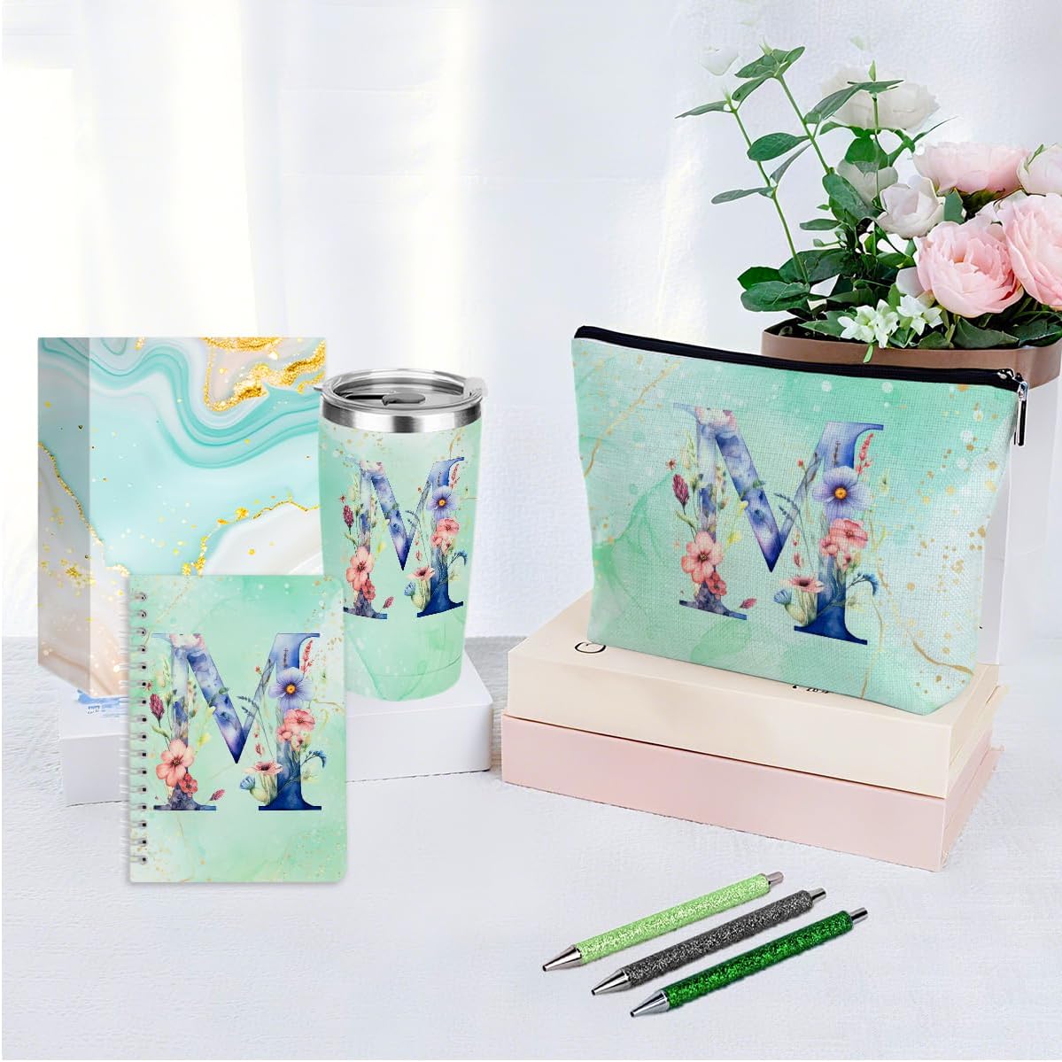 Personalized Gifts Monogrammed Birthday Gifts for Women, Cowerker Wife Sister Wedding Christmas Initial 20 oz Tumbler, Makeup Bag Cup Ballpoint Pens Journal Notebook 6 Set, (Aesthetic Green Flower C)