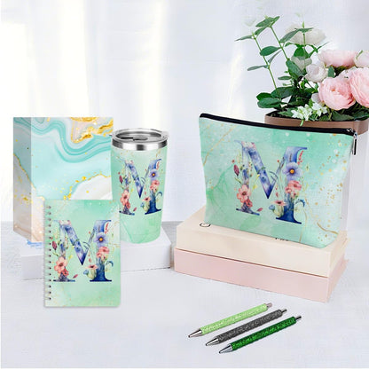 Personalized Gifts Monogrammed Birthday Gifts for Women, Cowerker Wife Sister Wedding Christmas Initial 20 oz Tumbler, Makeup Bag Cup Ballpoint Pens Journal Notebook 6 Set, (Aesthetic Green Flower C)