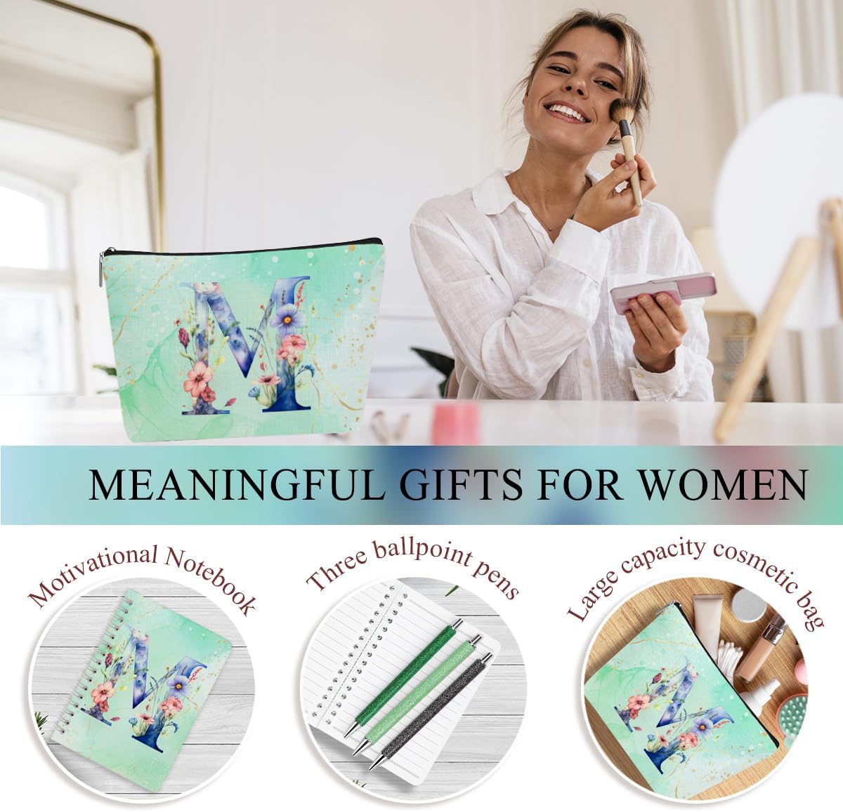 Personalized Gifts Monogrammed Birthday Gifts for Women, Cowerker Wife Sister Wedding Christmas Initial 20 oz Tumbler, Makeup Bag Cup Ballpoint Pens Journal Notebook 6 Set, (Aesthetic Green Flower C)