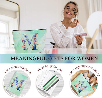 Personalized Gifts Monogrammed Birthday Gifts for Women, Cowerker Wife Sister Wedding Christmas Initial 20 oz Tumbler, Makeup Bag Cup Ballpoint Pens Journal Notebook 6 Set, (Aesthetic Green Flower C)