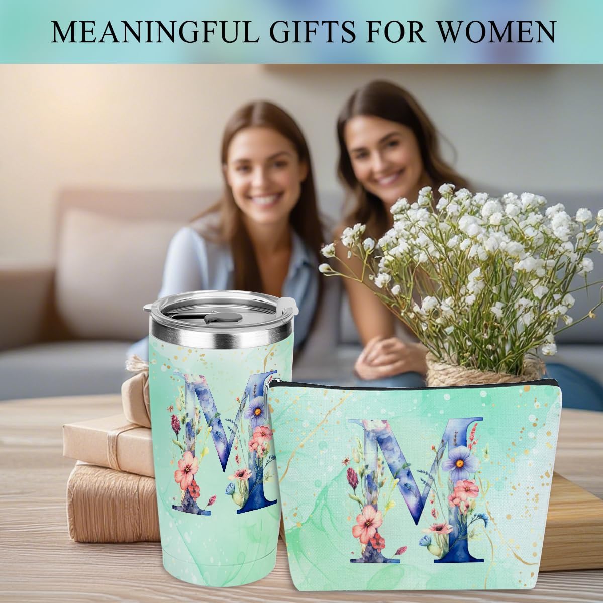 Personalized Gifts Monogrammed Birthday Gifts for Women, Cowerker Wife Sister Wedding Christmas Initial 20 oz Tumbler, Makeup Bag Cup Ballpoint Pens Journal Notebook 6 Set, (Aesthetic Green Flower C)