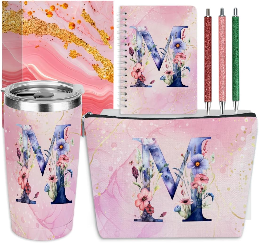 Personalized Gifts Monogrammed Birthday Gifts for Women, Cowerker Wife Sister Wedding Christmas Initial 20 oz Tumbler, Makeup Bag Cup Ballpoint Pens Journal Notebook 6 Set, (Aesthetic Green Flower C)